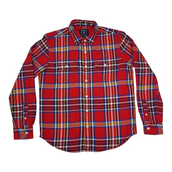 American Eagle Red Plaid Mens Flannel Shirt M Button Up 100% Cotton Casual - Picture 2 of 8
